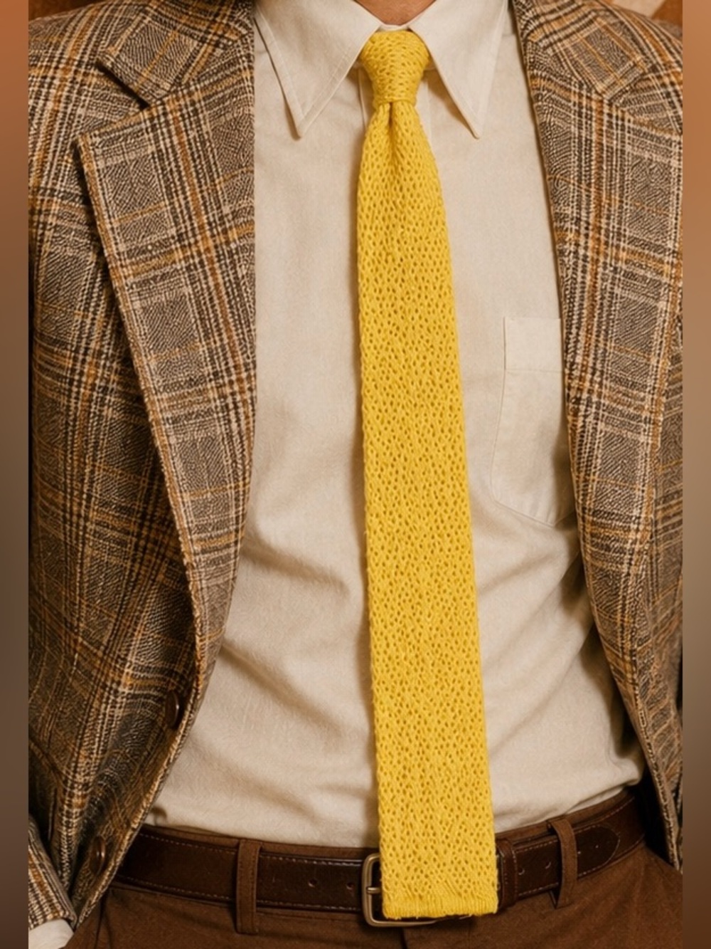 Vintage Stockpole Moore Tryon Co Yellow Crochet Knit Tie 100% Acrylic Retro